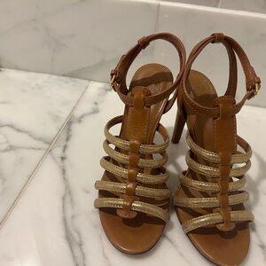Tory Burch Tan and Gold Strappy Heels